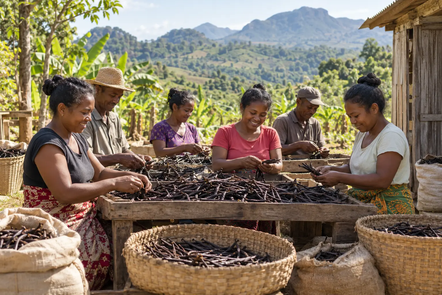 Illustrativ bild av småbrukare och kooperativmedlemmar som sorterar vanilj på Madagaskar