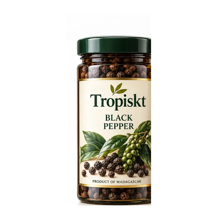 Tropiskt svartpeppar från Madagaskar i mörk glasförpackning