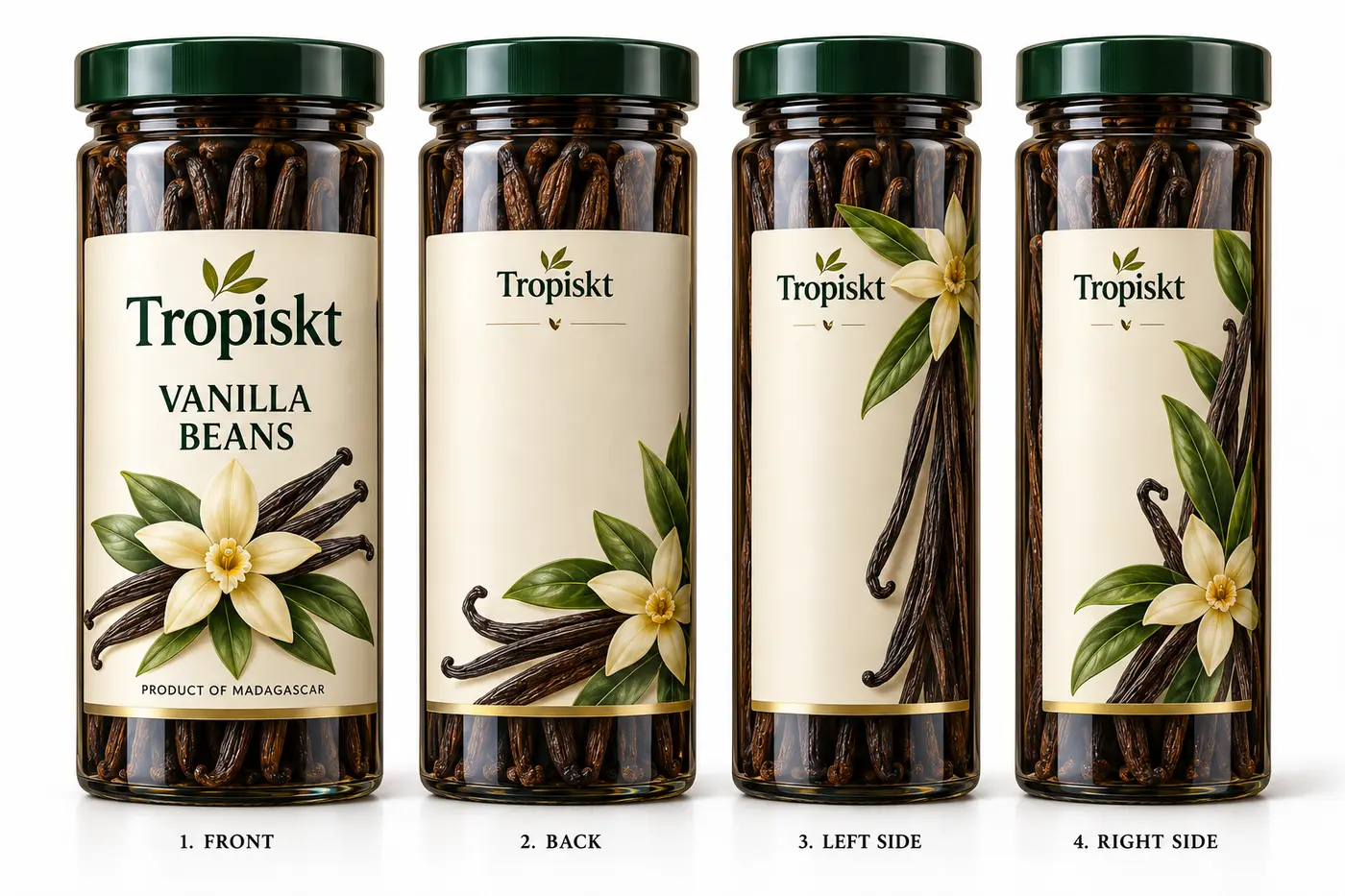 Tropiskts förpackningskoncept för vaniljbönor i fyra vyer