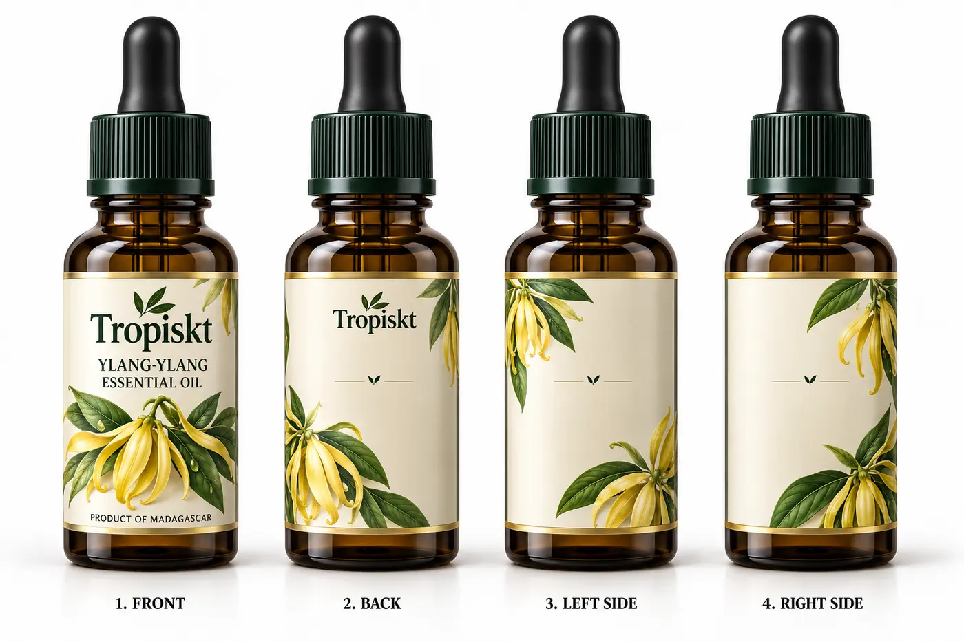 Tropiskt eterisk ylang-ylangolja från Madagaskar i mörk glasförpackning