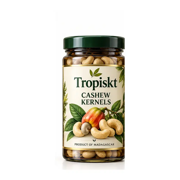 Tropiskt cashewkärnor från Madagaskar i mörk glasförpackning