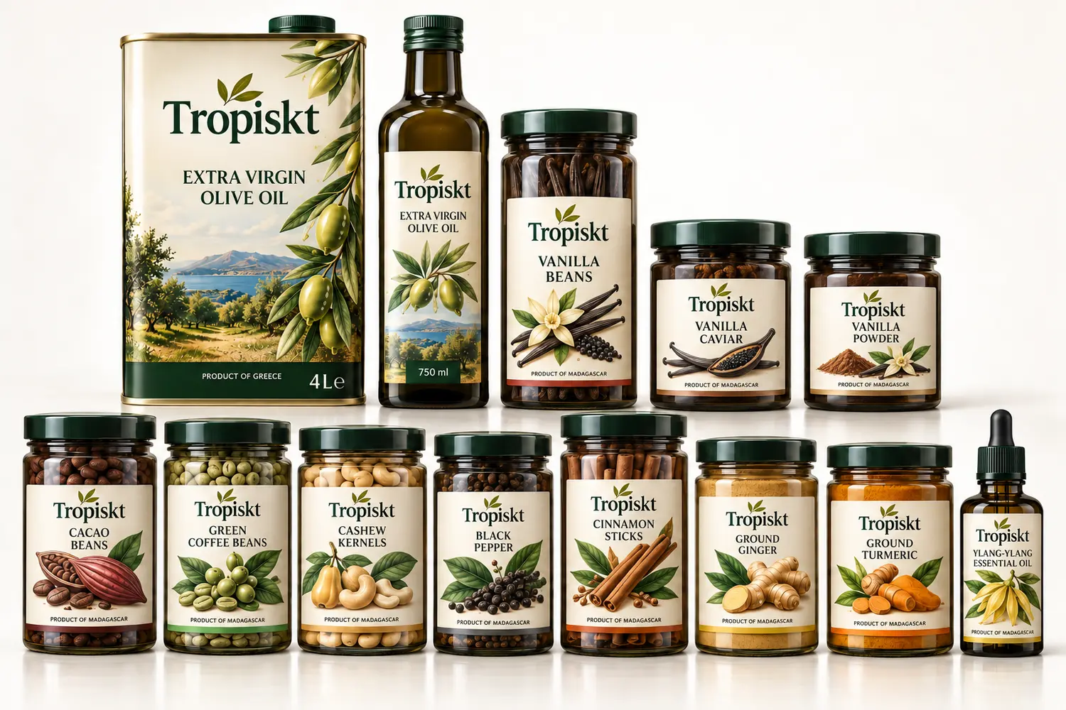 Tropiskts sortiment: olivolja, vanilj, kakao, kaffe, cashewnötter, kryddor och ylang-ylang