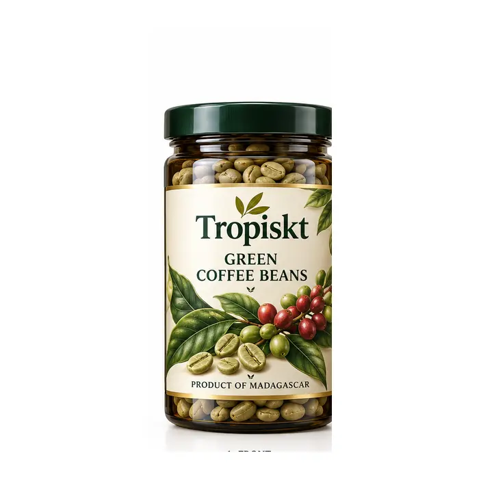 Tropiskt gröna kaffebönor från Madagaskar i mörk glasförpackning