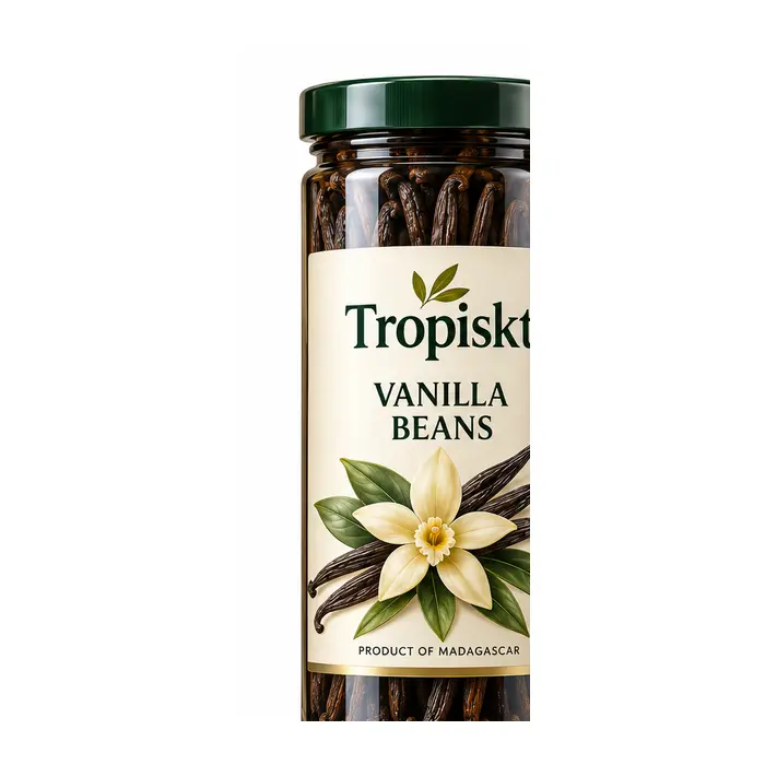 Tropiskt vaniljbönor från Madagaskar i mörk glasförpackning